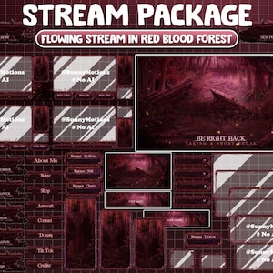 May include: A red and black Twitch stream package with a dark forest background. The package includes various overlays, panels, and alerts for streamers. The text "BE RIGHT BACK TAKING A SHORT BREAK!" is displayed on the screen.