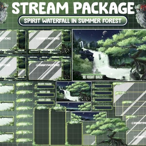 ANIMATED Twitch Overlay Stream Package: Green Sakura Cherry Blossom Flower Forest / Spirit Waterfall In Cozy Summer Night, Aesthetic Japan