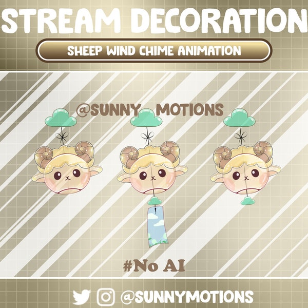 3x Animated Twitch Stream Decoration Animal: Kawaii Cozy Baby Sheep Wind Chime, Lo-fi Aesthetic Wind Bell Twitch Overlay, Cute Vtuber Add-on