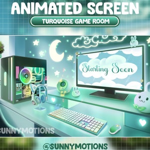 ANIMIERTES Twitch-Overlay / Lo-Fi-Ästhetische Gaming-PC-Raumszenen / Türkises Retro-Pflanzenhaus / Gemütliches Kawaii-Gamer-Spiel / Mint Night Stream