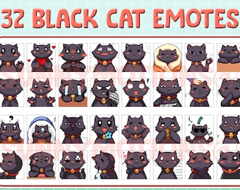 Paquete de 32 emoticones de Twitch Discord: Gato negro, gatito, gatos, emoticones de transmisión, transmisores, emojis kawaii, emoticón de gatito chibi lindo, paquete negro