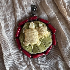 Carved Bone Turtle Pendant Sterling Silver 925