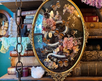 Antique Bubble Frame Insect Art, Snake Skeleton, Butterflies, Skeleton Keys
