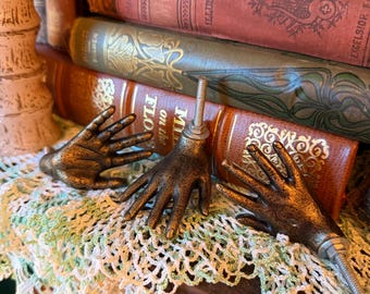 Bronze Metal door knob hand pull, drawer pulls, oddity hand, hand decor