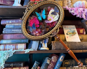 Antique Hand Mirror Shadowbox Butterfly/Beetle frame “Antoinette"