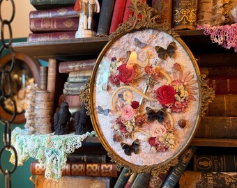 Antique Bubble Glass Frame Insect Art, Snake Skeleton, Dagger, Pink Art, Butterflies