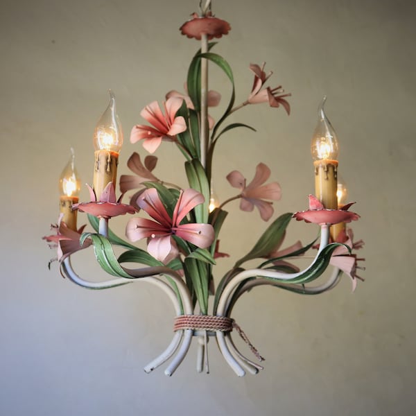 Italian vintage flower floral pink lily tole chandelier (ST.99)