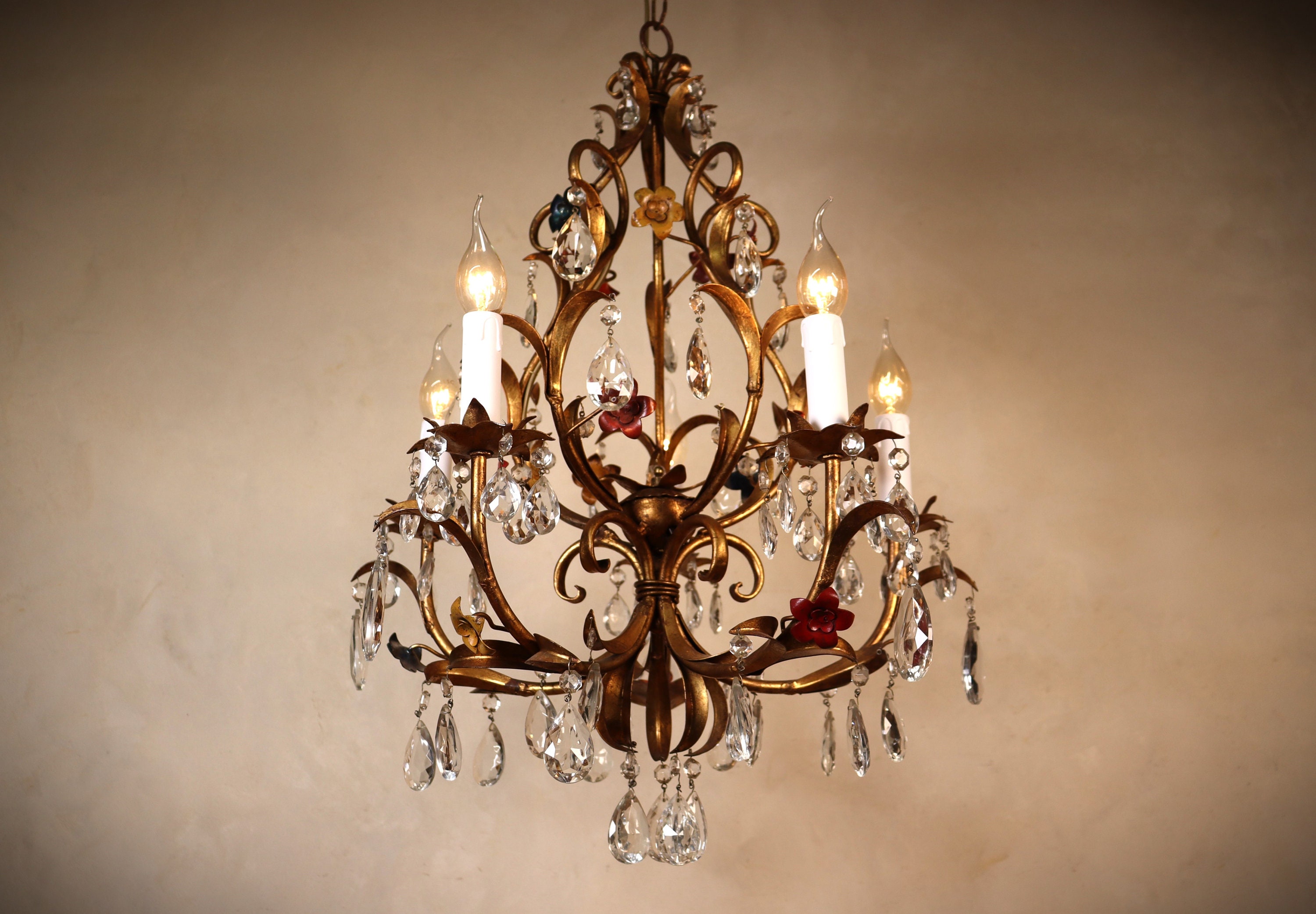 日本初の Gilded Italian Vintage Tole Metal With Chandelier Crystal その他
