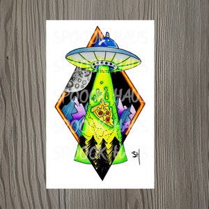 May include: A green, yellow, and orange diamond-shaped illustration of a UFO beaming down a slice of pizza. The UFO is blue and gray with a black background. The pizza has pepperoni and cheese. The background also includes a crescent moon and a forest.
