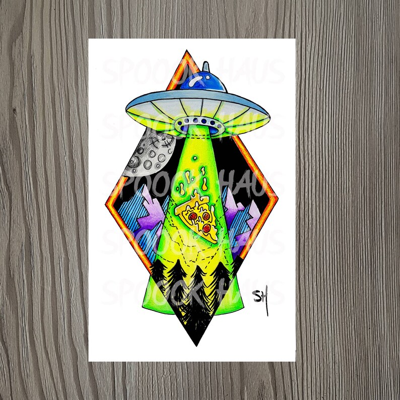 May include: A green, yellow, and orange diamond-shaped illustration of a UFO beaming down a slice of pizza. The UFO is blue and gray with a black background. The pizza has pepperoni and cheese. The background also includes a crescent moon and a forest.