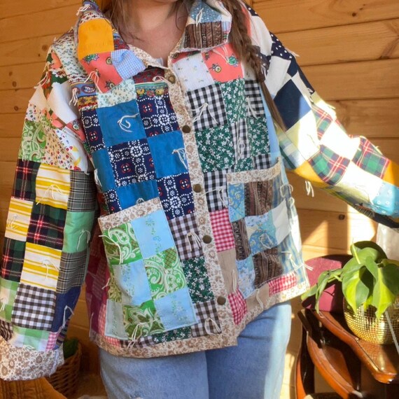 Multicolored patchwork quilt jacket, Handmade qui… - image 7