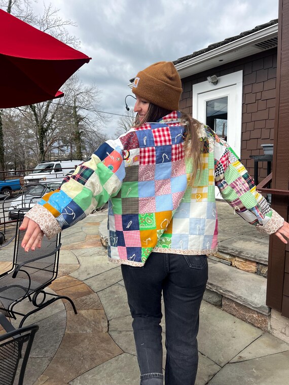Multicolored patchwork quilt jacket, Handmade qui… - image 5