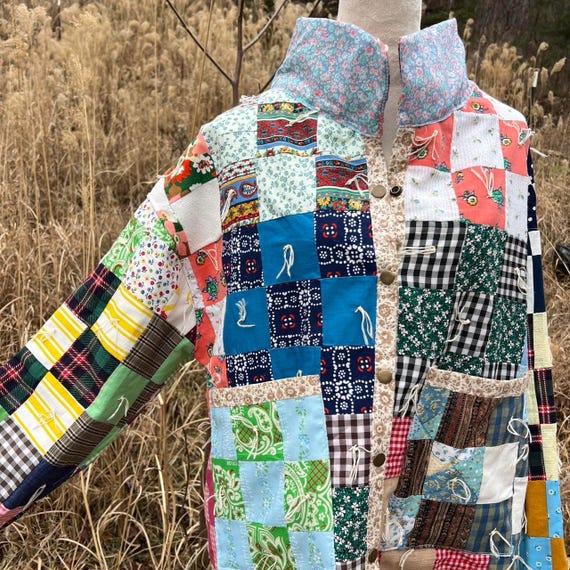 Multicolored patchwork quilt jacket, Handmade qui… - image 10
