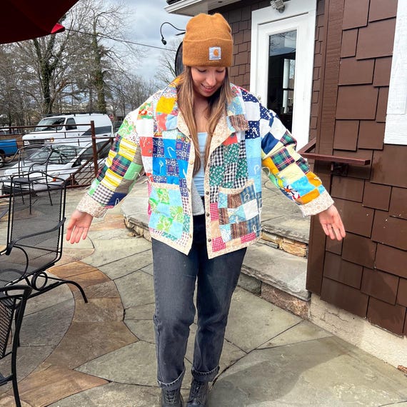 Multicolored patchwork quilt jacket, Handmade qui… - image 6