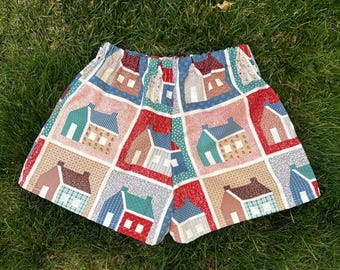 Vintage Handmade 1960’s/1970’s quilt house block patchwork fabric summer shorts, vintage barn quilt  shorts, Quilted Shorts