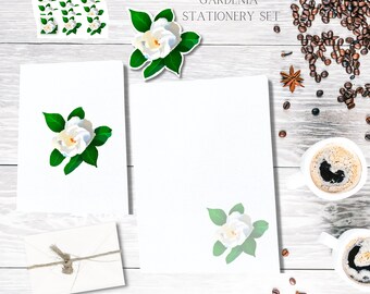 Gardenia Stationery Set | Letter Writing Paper | Linen Card-Blank inside | Envelope Stickers | Vinyl Sticker | W/Envelopes | Floral Design