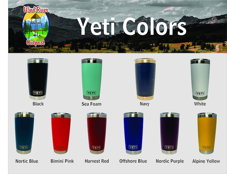 May include: A collection of Yeti tumblers in various colors, including black, sea foam, navy, white, nortic blue, bimini pink, harvest red, offshore blue, nordic purple, and alpine yellow.