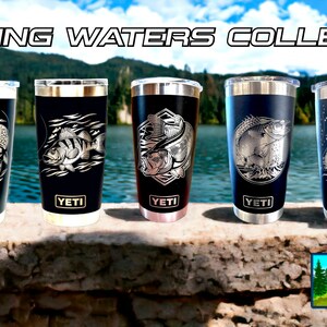 May include: A set of six black YETI tumblers with silver lids, each featuring a different engraved design of a fish in water. The tumblers are arranged in a row on a stone surface. The text "WYOMING WATERS COLLECTION" is displayed above the tumblers. The text "Wind River Outpost" is displayed below the tumblers.