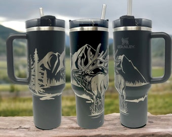 Engraved Bull Elk Stanley Tumbler: Mountain Scene