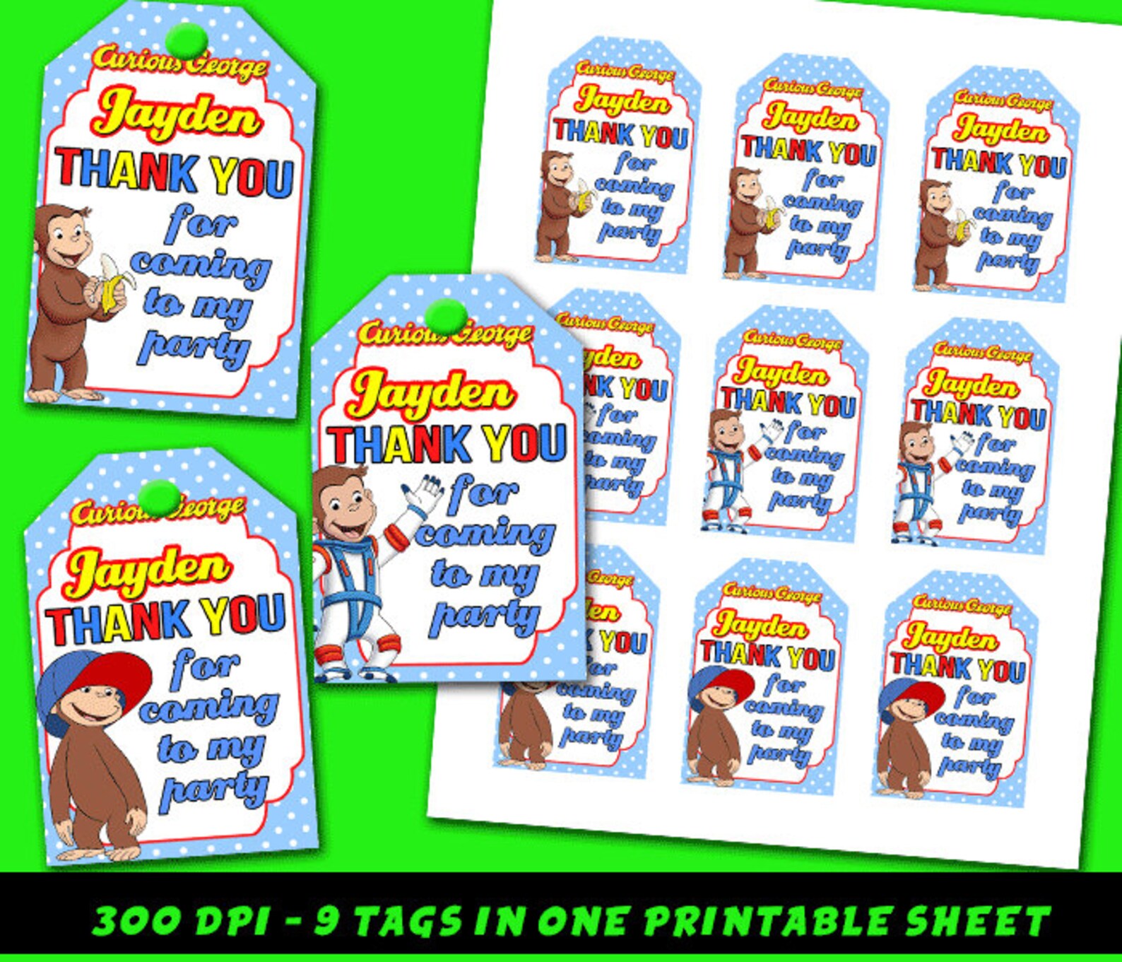 Curious George Thank You Tags Design Favor Tag Digital | Etsy