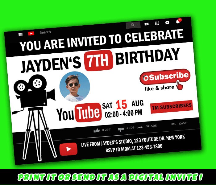 Youtube Birthday Invitation Printable Invitation Digital Etsy