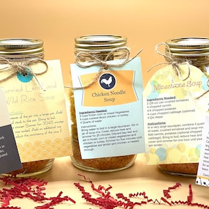 May include: Five glass jars filled with various dried soup ingredients, each with a handwritten tag tied around the lid. The tags list the soup names: Italian Barley Soup, Summer Land and Wild Rice Soup, Chicken Noodle Soup, Minestrone Soup, and Friendship Soup. The jars are arranged on a brown surface with red and gold paper shreds.