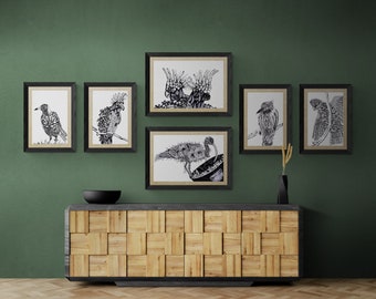 Magpie, Kookaburra, Galah, Cookatoo, bird art, Collection of 3, set of 3, Australian Bird Prints, Choose your own art, black and white