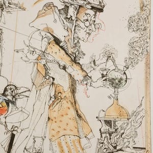 Op de afbeelding: Een gedetailleerde pen- en inktillustratie van een figuur in een lange jas en hoed, die een glazen apparaat vasthoudt. Het kunstwerk heeft gedetailleerde lijnen, met een gedempte kleurenpalet van beige, bruin en rode accenten. De stijl doet denken aan een vintage wetenschappelijke illustratie.