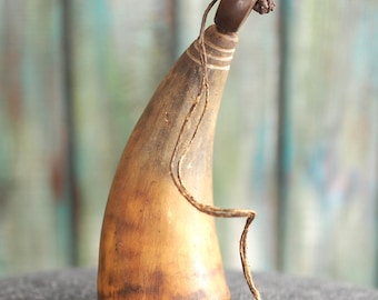 Antique Powder Horn with Wooden Plug and Twine Strap – Primitive Hunting Decor
