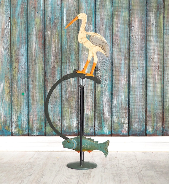 Vintage Pendulum Toy Stork and Fish Folk Art Balance Sculpture Hand Painted Metal Kinetic Decor ca60cm