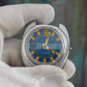 Vintage Osco Aquatic Watch – 37mm Mechanical Diver Style – Blue & Yellow Dial – 17 Jewels – Not Working – Parts or Repair