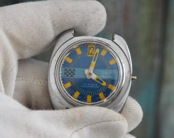 Vintage Osco Wasseruhr - 37 mm mechanischer Taucherstil - Blaues & Gelbes Zifferblatt - 17 Juwelen - Funktioniert nicht - Teile oder Reparatur