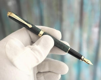 Vintage Füllfederhalter Ville d'Argent Germany - Grün marmoriertes Kunstharz mit Goldverzierungen, elegante Handwerkskunst