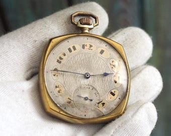 Art Deco Swiss Pocket Watch – 45mm Gold-Tone Case – Guilloché Dial & Stylized Numerals – Not Working – Display or Repair Piece