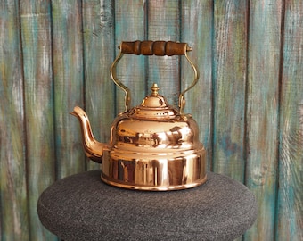 Vintage Copper/copper plated Tea Kettle with wooden handle