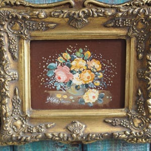 ミニチュア油絵 - ヴィンテージドイツの花をテーマにした絵画、R.Maass の署名入り、優れた品質