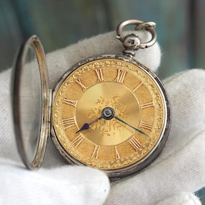 Antique Silver Verge Fusee Pocket Watch – 41mm Case, Ornate Gold Dial, Chain & Key Included – Not Working