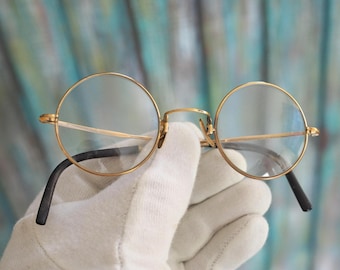 Antique German Eyeglasses – 19th Century Round Gold Metal Spectacles, 115mm Frame, Collectible Optical History