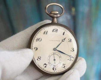 Antique Longines Pocket Watch | 800 Silver Case 48mm | Not Working | Blued Hands | Vintage Swiss Collectible