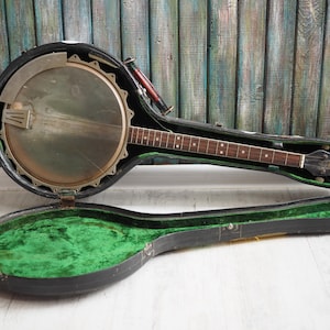 Vintage 4-String Tenor Banjo with Case | Pearloid Resonator | Unrestored Antique Instrument | 85.5 cm Length | Decorative or Repair