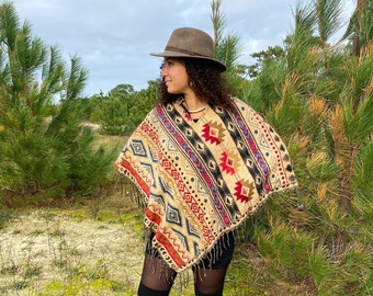 Poncho Capuche Himalaya Himachal Unisexe Unisize Bohème Hippie Pattern