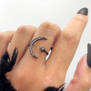 Crescent moon and star ring | Black celestial ring | Dainty moon ring | Iced out Goth ring | Witchy magic ring | Wanderlust jewelry | Gothic
