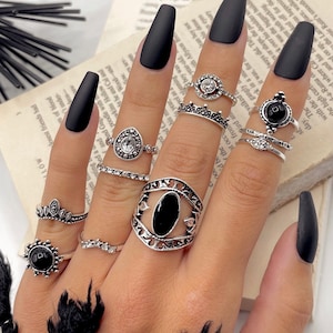 Goth ring pack | Black witchy aesthetic rings | Iced out Alt jewelry | Gothic midi rings | Pretty knuckle ring set | Chevron Pear Crown Ring