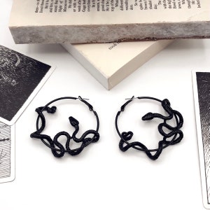 Black snake hoop earrings- snake earrings- serpent hoops - witchy jewelry- goth aesthetic- gothic jewelry- alternative- Halloween