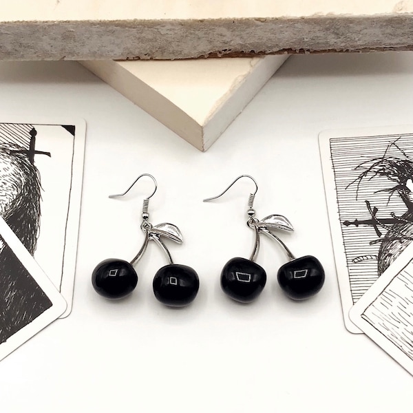 Black cherry earrings - cherry drop earrings- cherry jewelry- goth style earrings- gothic jewelry- black earrings- egirl aesthetic- gift