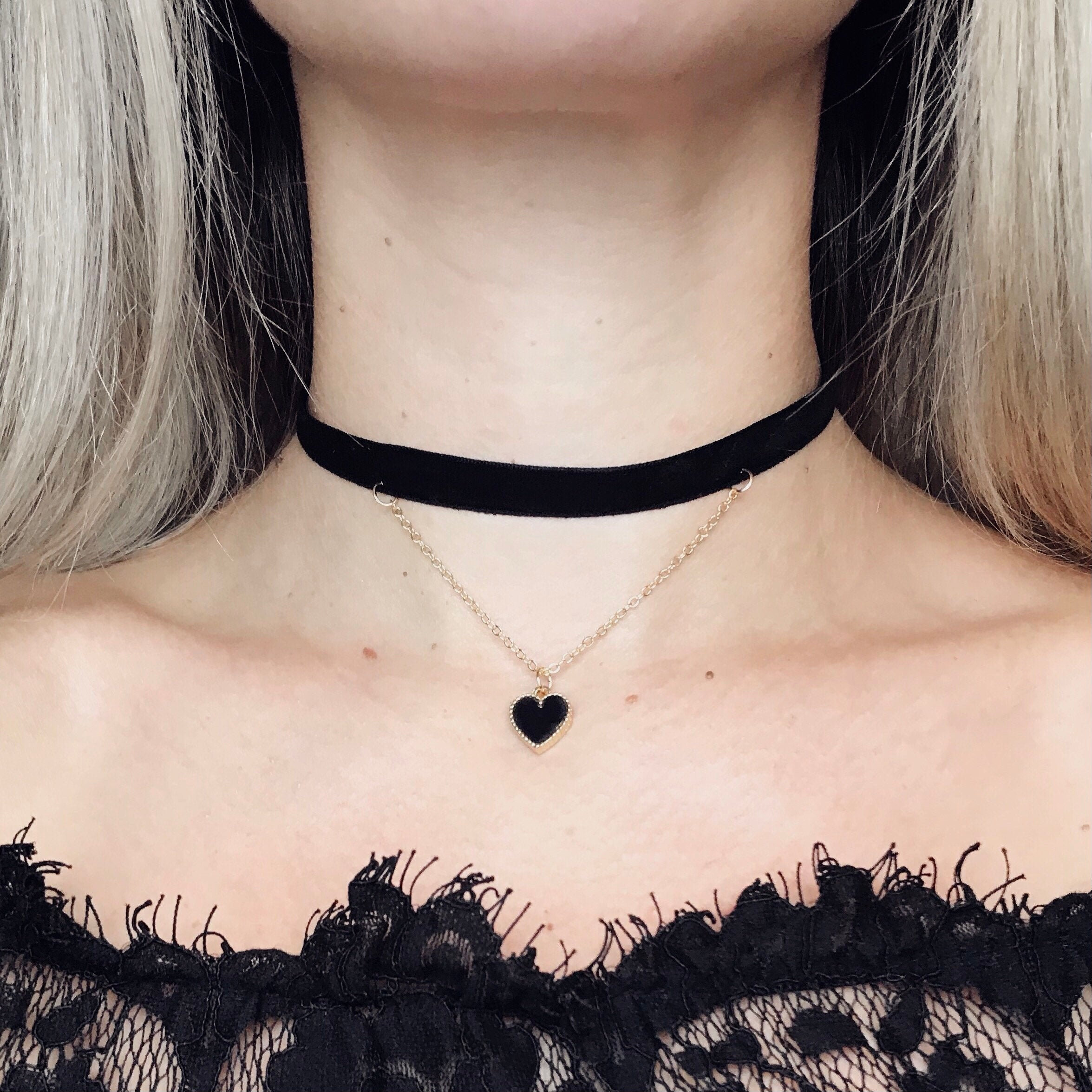 Black Heart Choker Tiny Heart Necklace Velvet Choker Goth Etsy