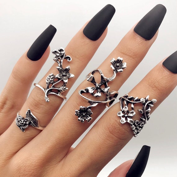 renery 4 Pieces Silver Plated Adjustable Model Women's and Men's Gothic  Ring Set