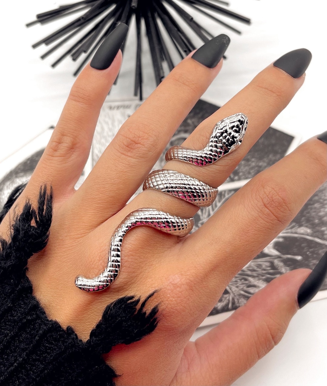 Full Finger Silver Snake Ring Chunky Alt Jewelry Witchy Goth Ring