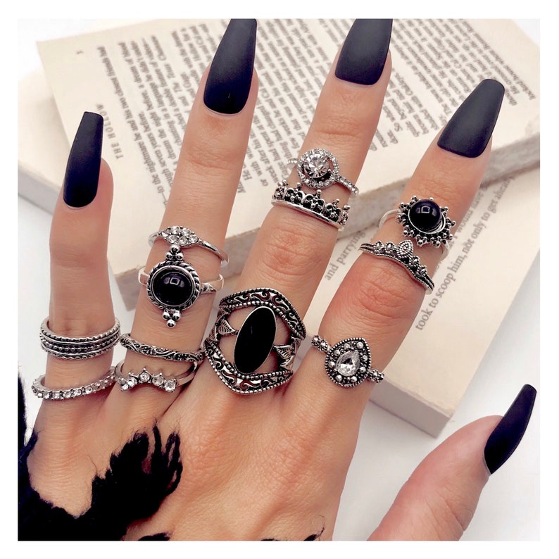 Goth ring set - black midi rings - alternative jewelry - crystal midi ring set - black rings - witchy style - gothic - designer aesthetic 