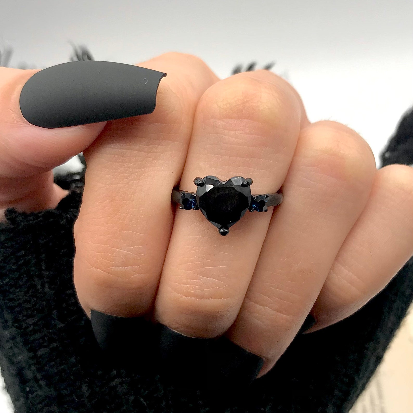 Black Heart Ring Black Crystal Heart Ring Tiny Heart Ring Etsy